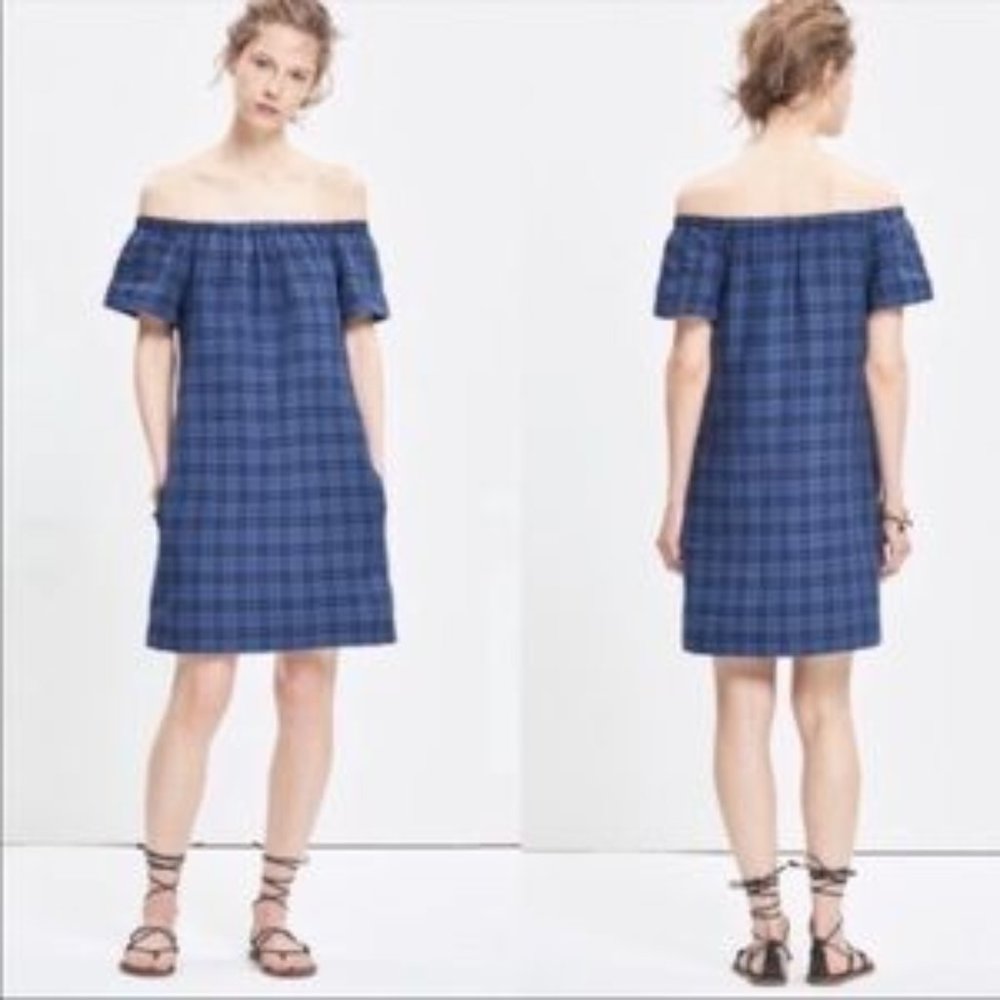 Madewell Linen Off Shoulder Plaid Dress 4 Blue